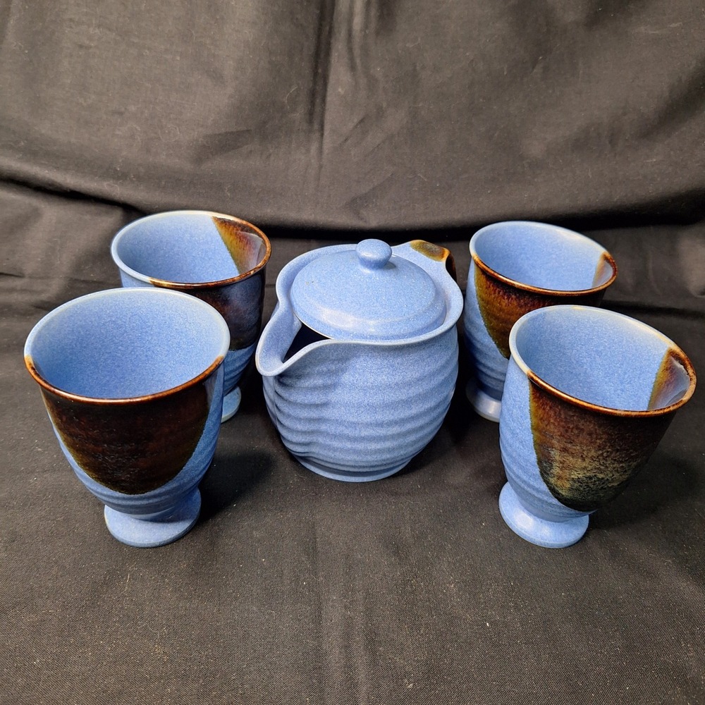 Andrea by Sadek Chopsticks Blue Ceramic Tea Set Teapot 4 Cups‎ Made in Japan